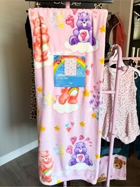 Care Bears Pink Plush Throw Blanket with Rainbow & Star Accents